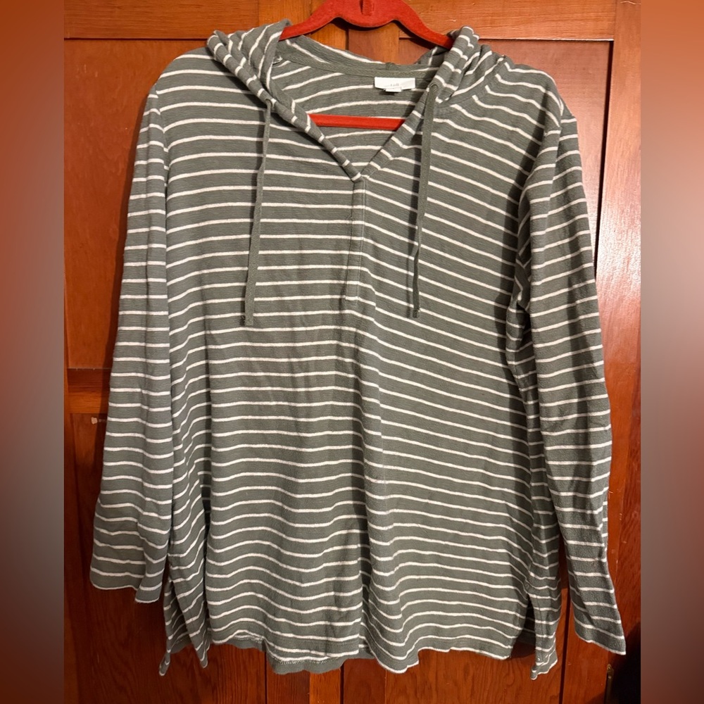 J. Jill Womens Long Sleeve Hooded Pullover Tunic Top Knit Cotton Striped Green L